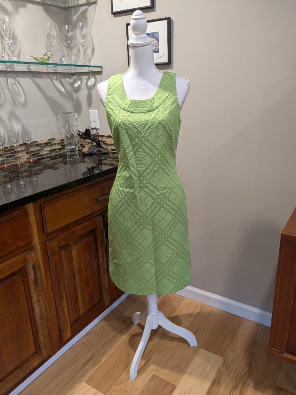 Vintage EVAN PICONE Dress Lime Green Plaid Sleeveless Sheath Lined Career Party